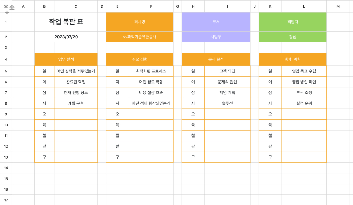 작업 복판 표 1